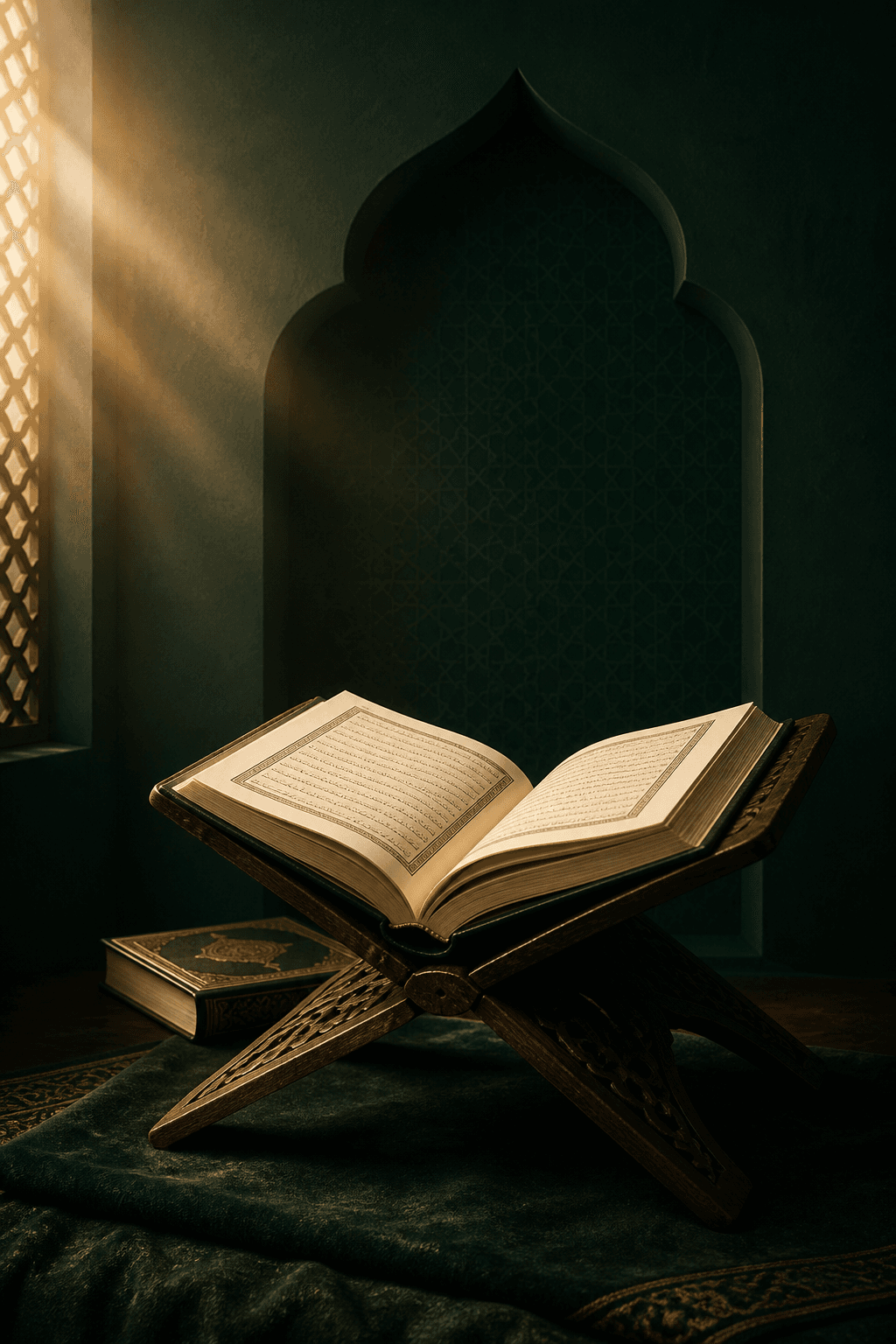 An open Quran on a wooden stand